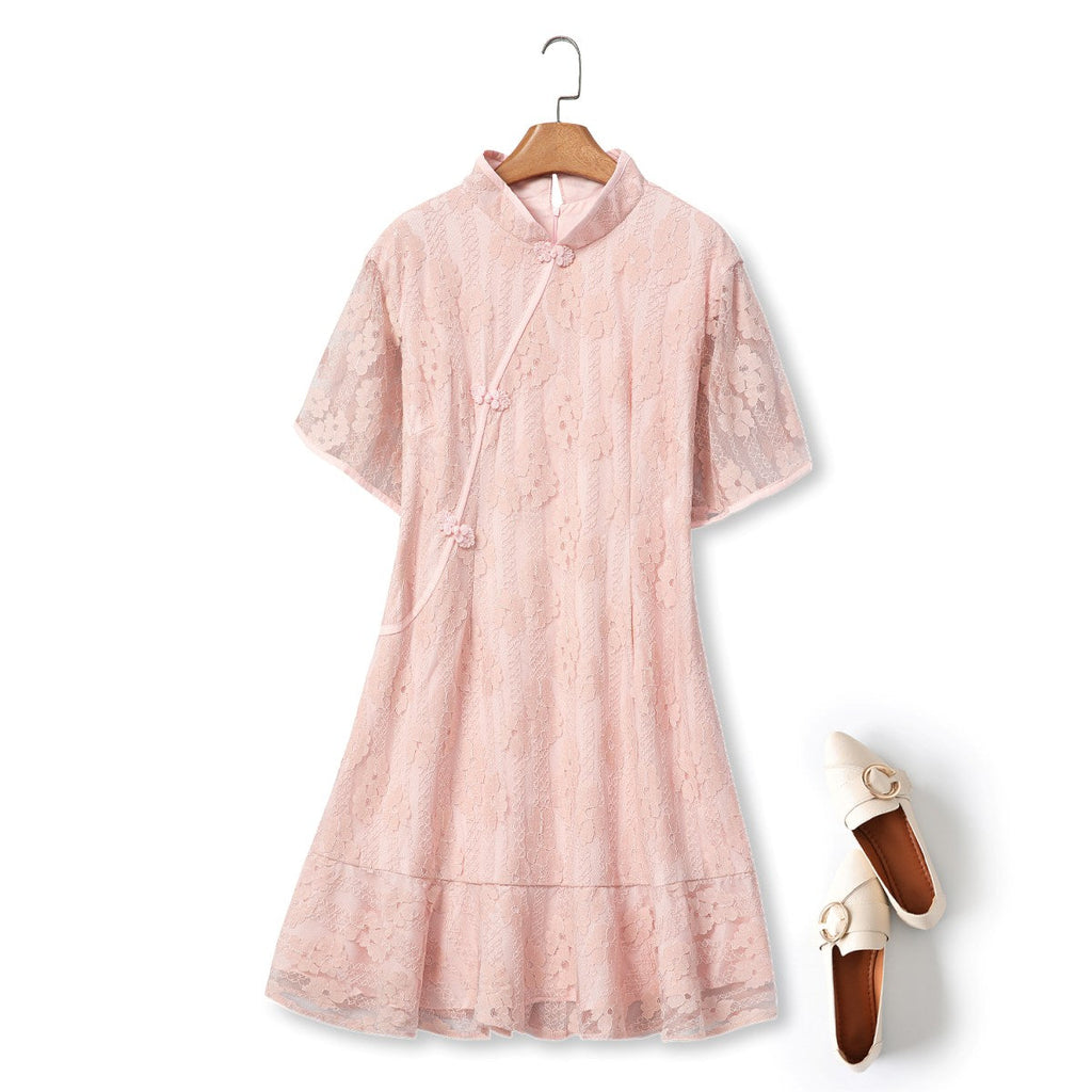 Amaya Plus Size Pink Lace Qipao