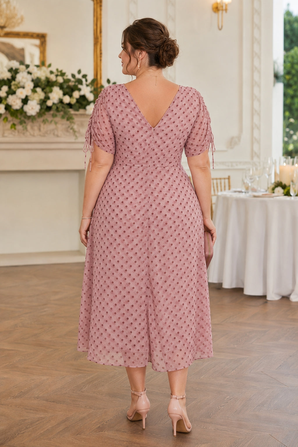Lorena Plus Size Polka Dot Ruched Midi Dress