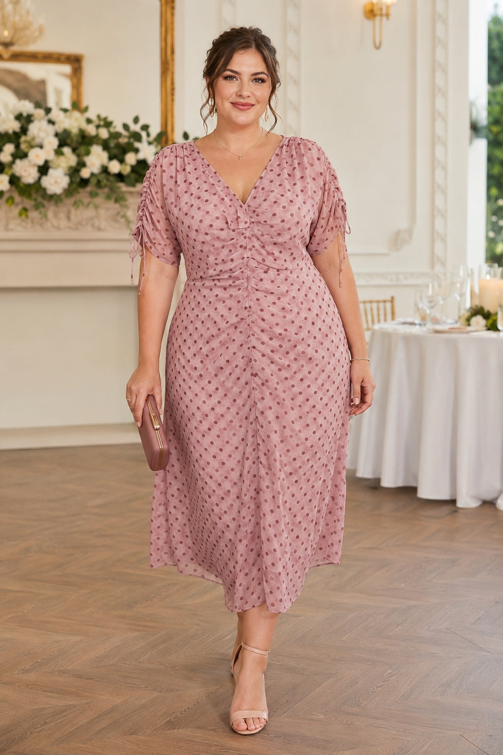 Lorena Plus Size Polka Dot Ruched Midi Dress