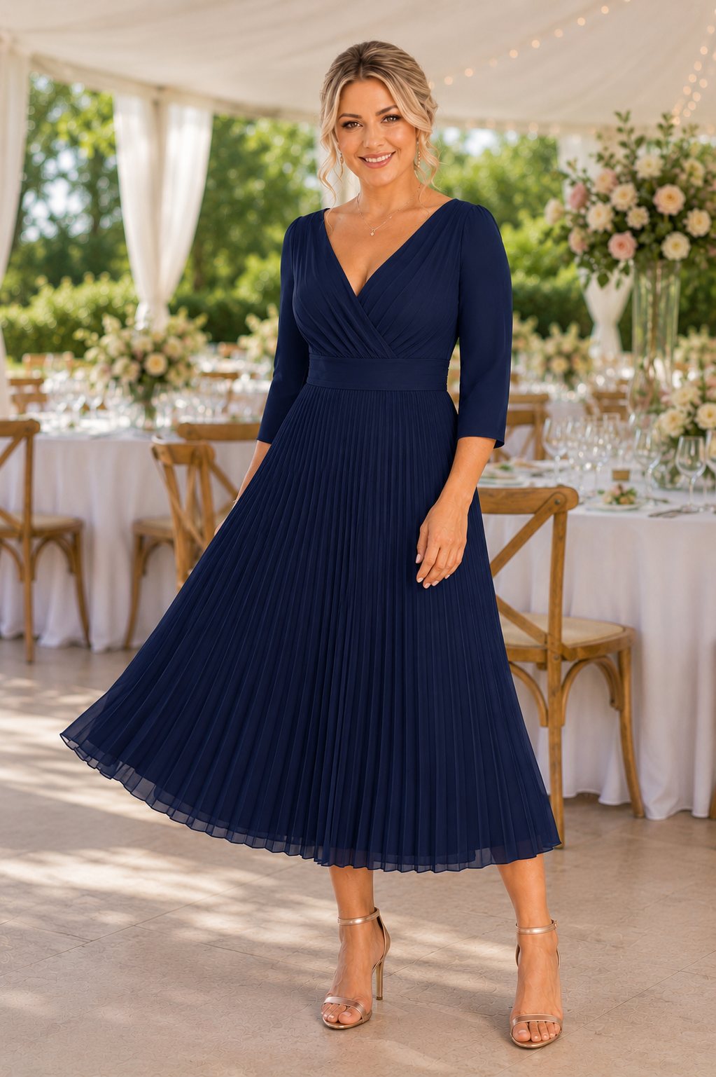 Camille Plus Size Pleated 3/4 Sleeve Midi Dress