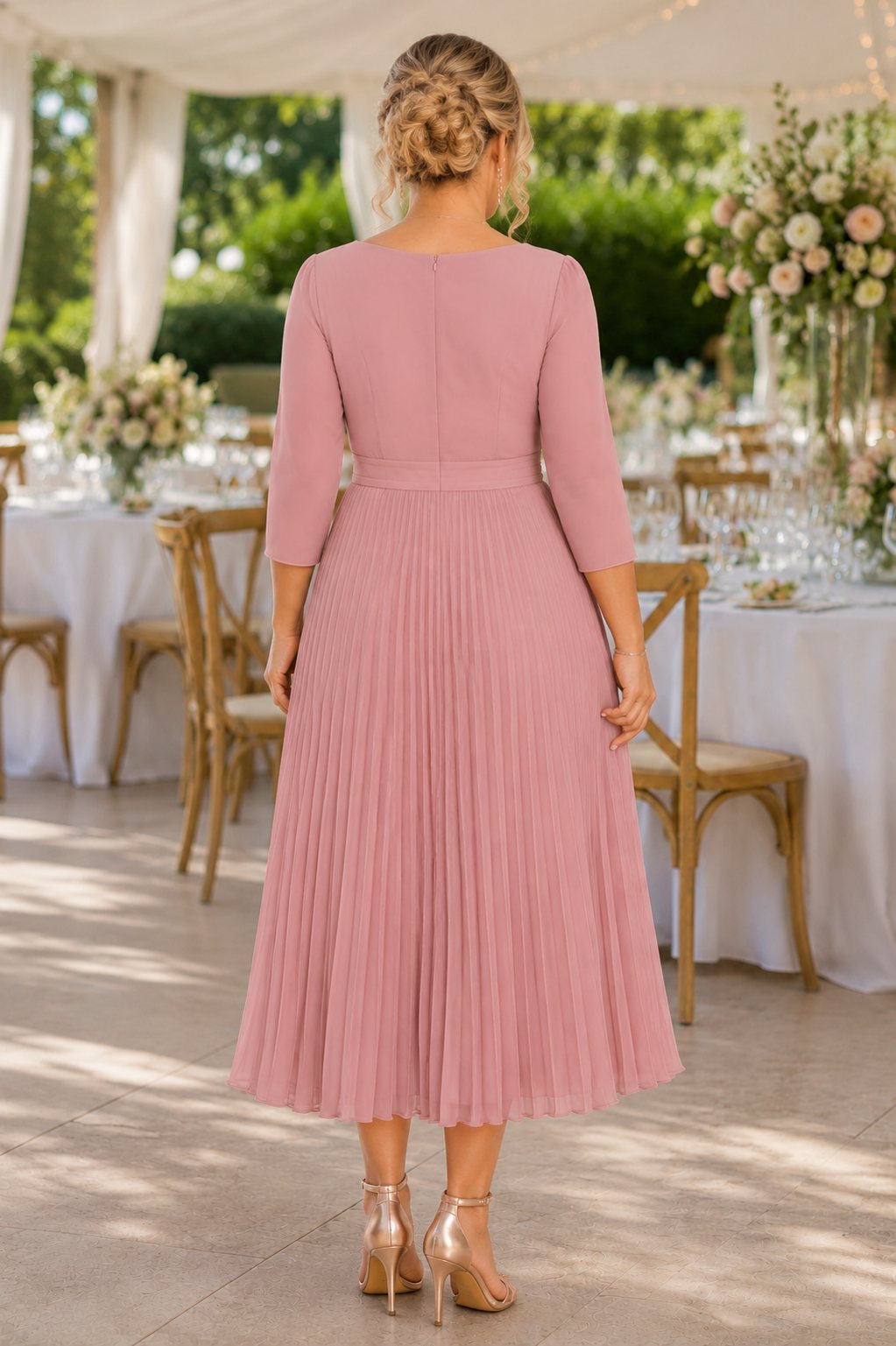 Camille Plus Size Pleated 3/4 Sleeve Midi Dress