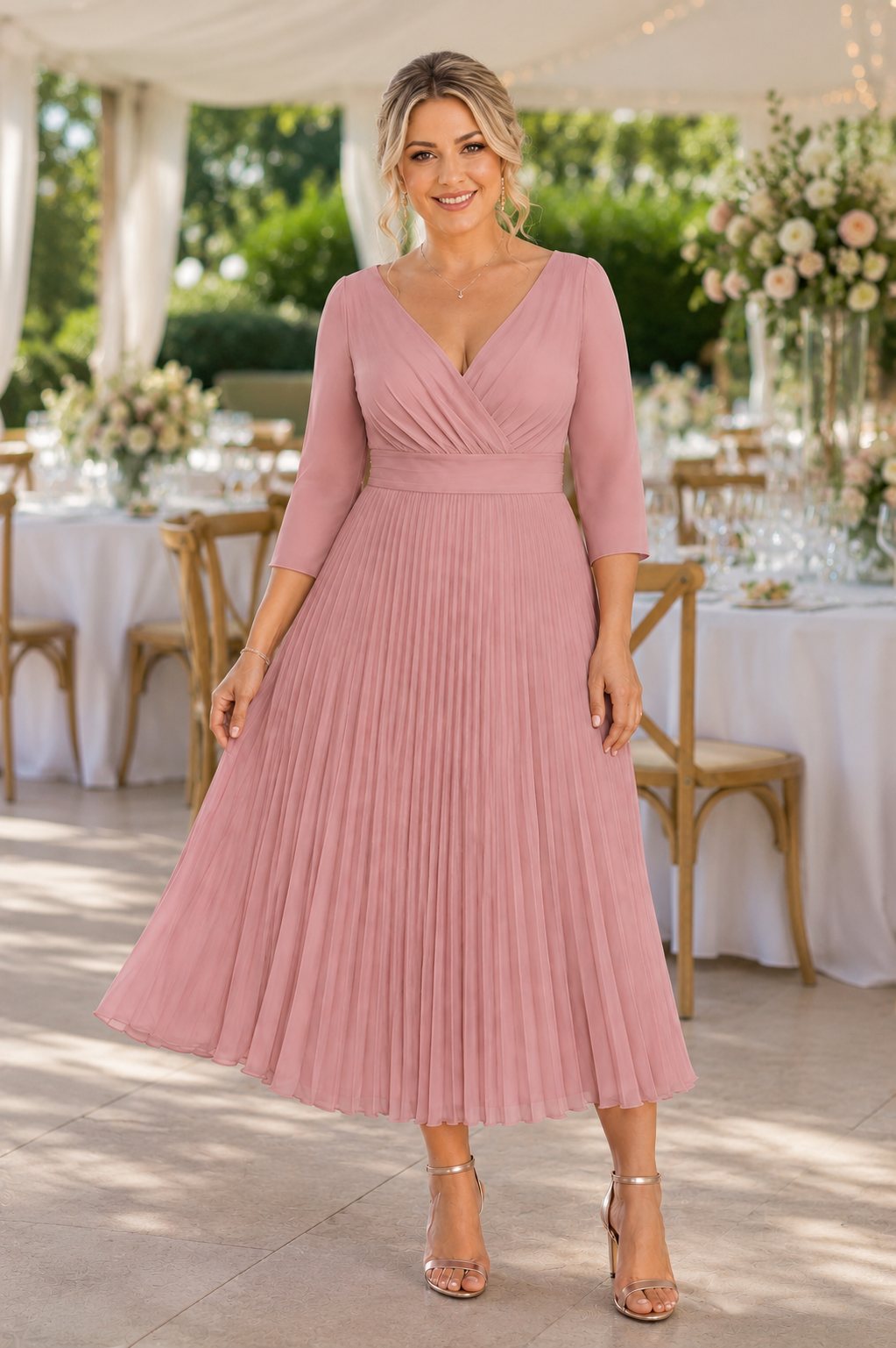 Camille Plus Size Pleated 3/4 Sleeve Midi Dress