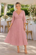 Camille Plus Size Pleated 3/4 Sleeve Midi Dress