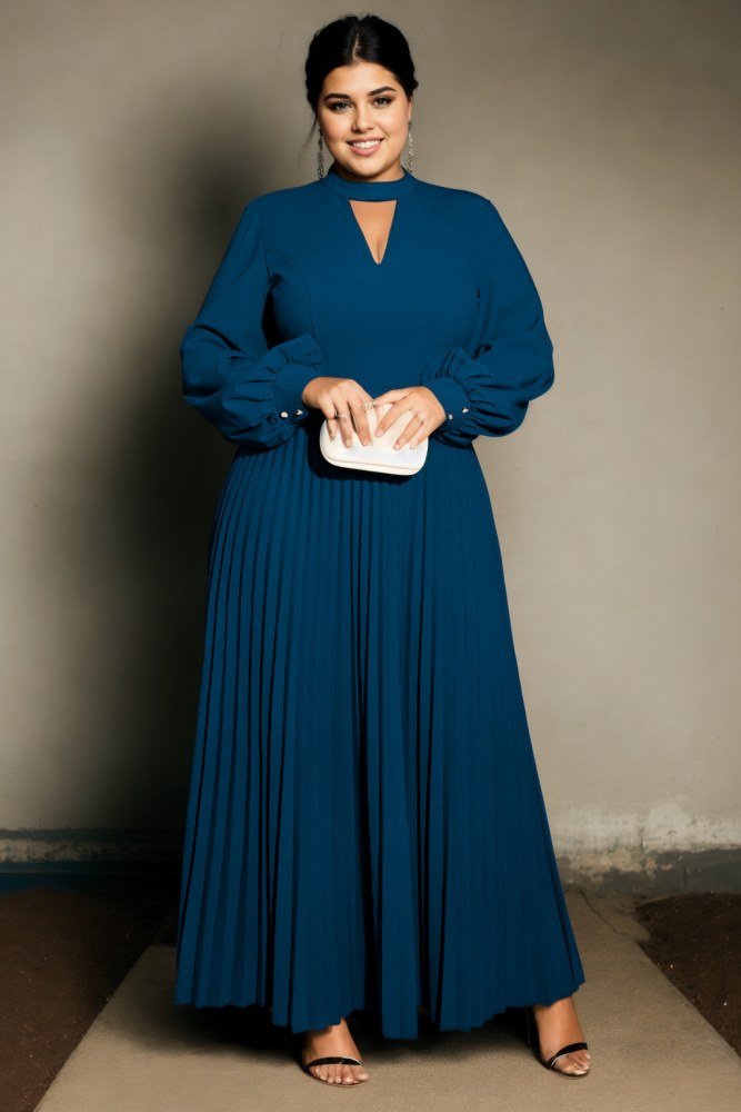 Bria Plus Size Formal Pleat Long Sleeve Maxi Dress