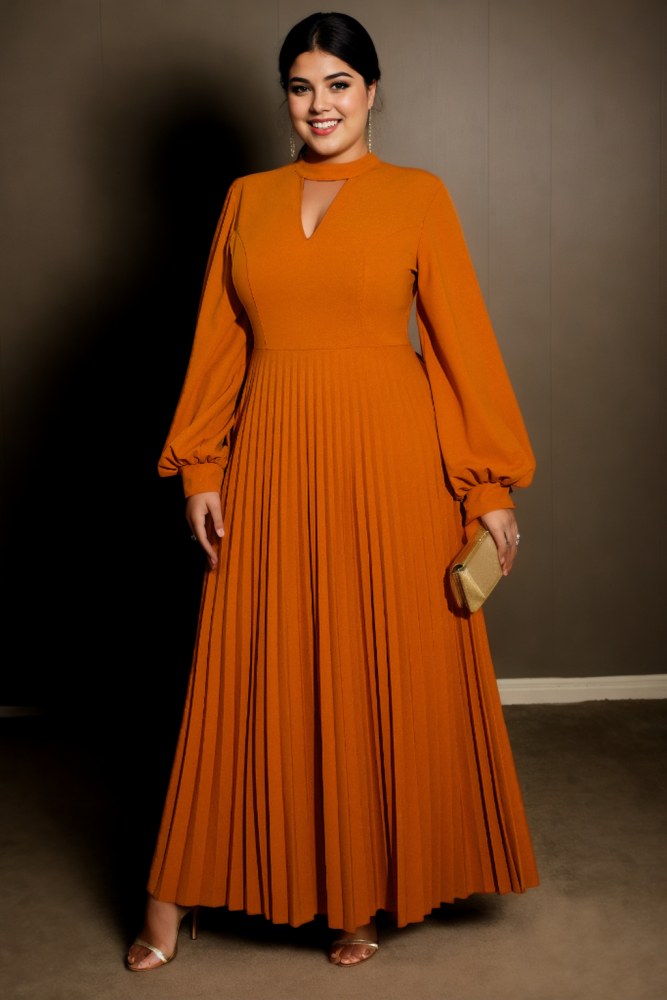 Bria Plus Size Formal Pleat Long Sleeve Maxi Dress