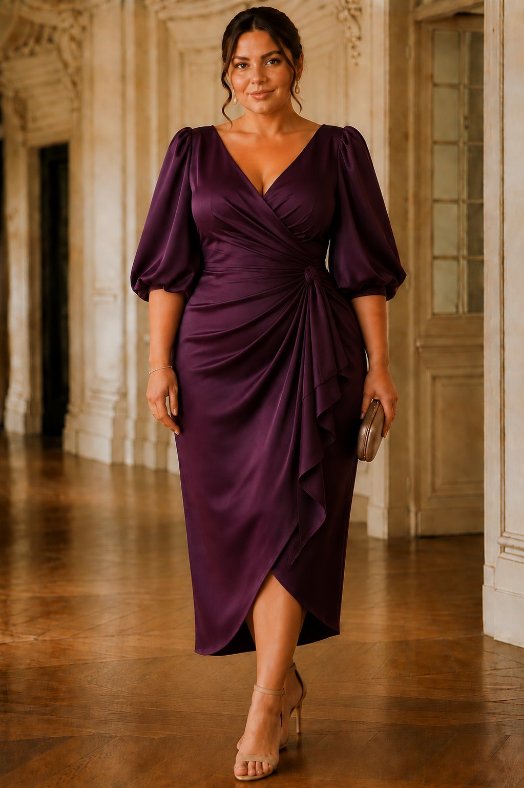 Elise Plus Size Plum Wrap Cocktail Midi Dress
