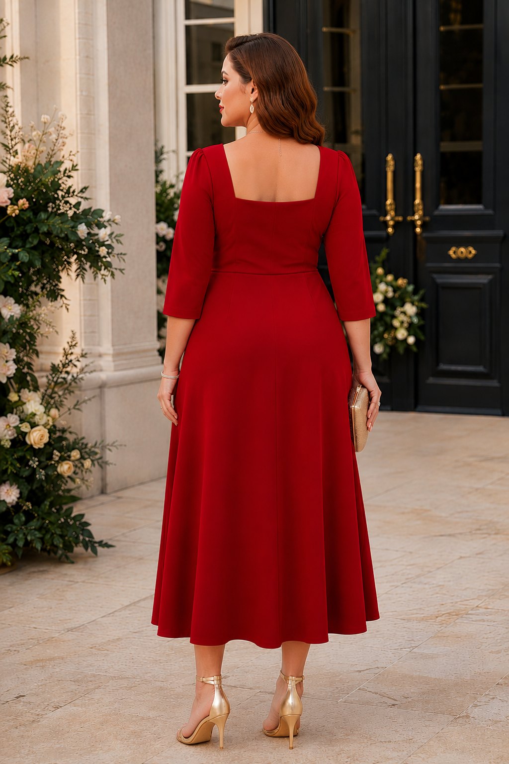 Sera Plus Size Wedding Guest Midi Dress with 3/4 Sleeves