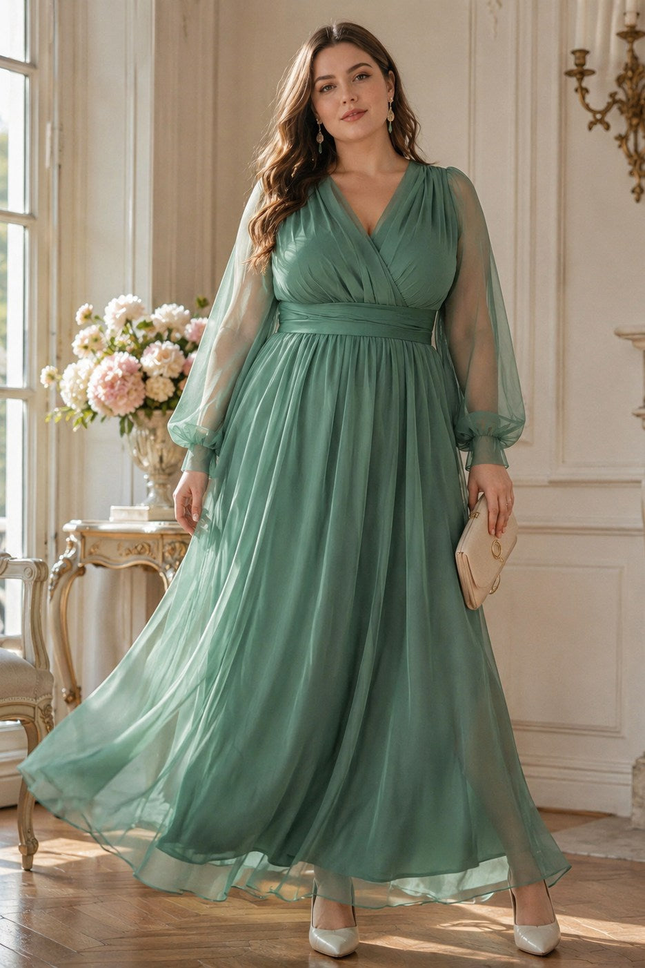 Sylvie Plus Size Sage Green Chiffon Long Sleeve Maxi Dress