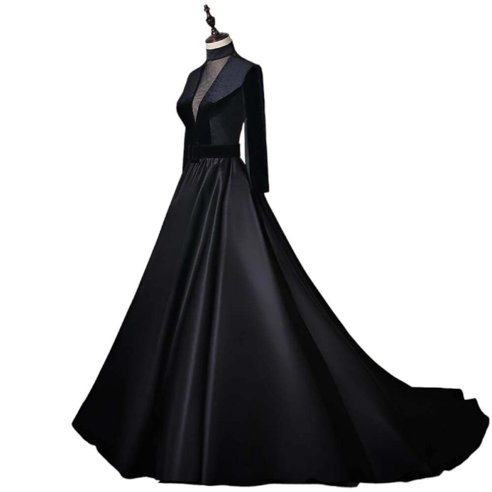 Plus Size Black Long Sleeve Gown with Train