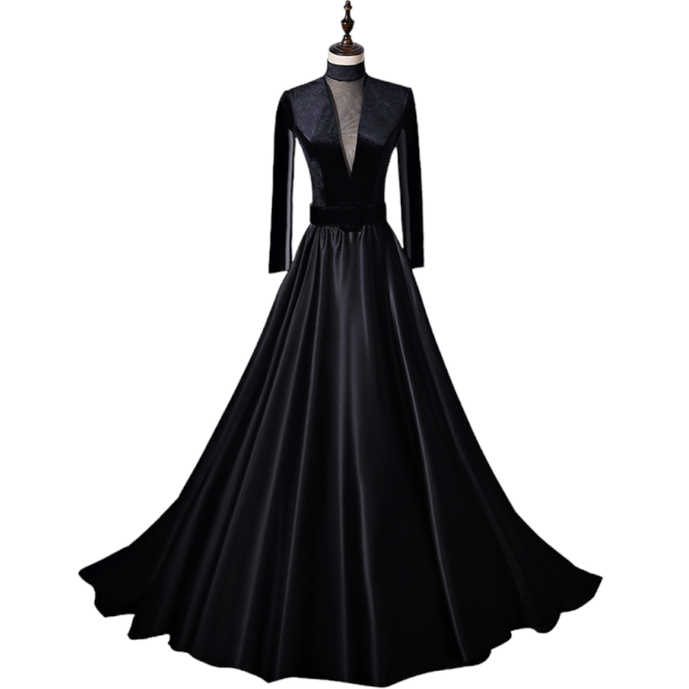 Plus Size Black Long Sleeve Gown with Train