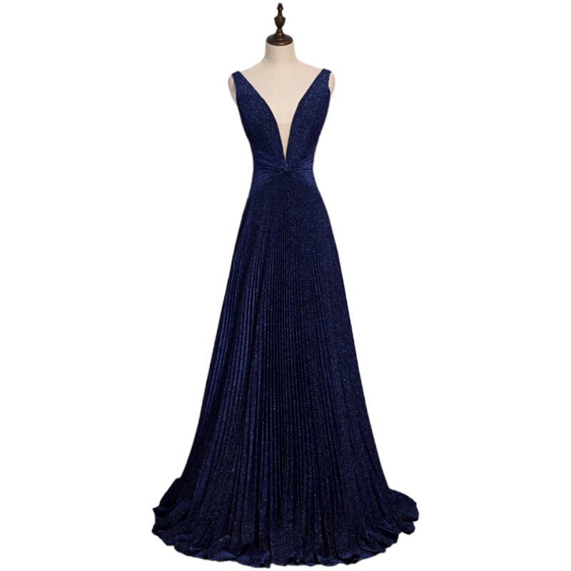 Plus Size Plunge V Neck Navy Evening Dress