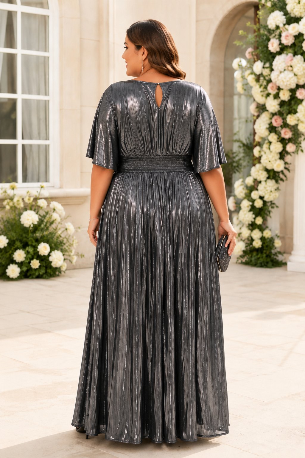 Nyra Plus Size Metallic Pleated Evening Maxi Dress