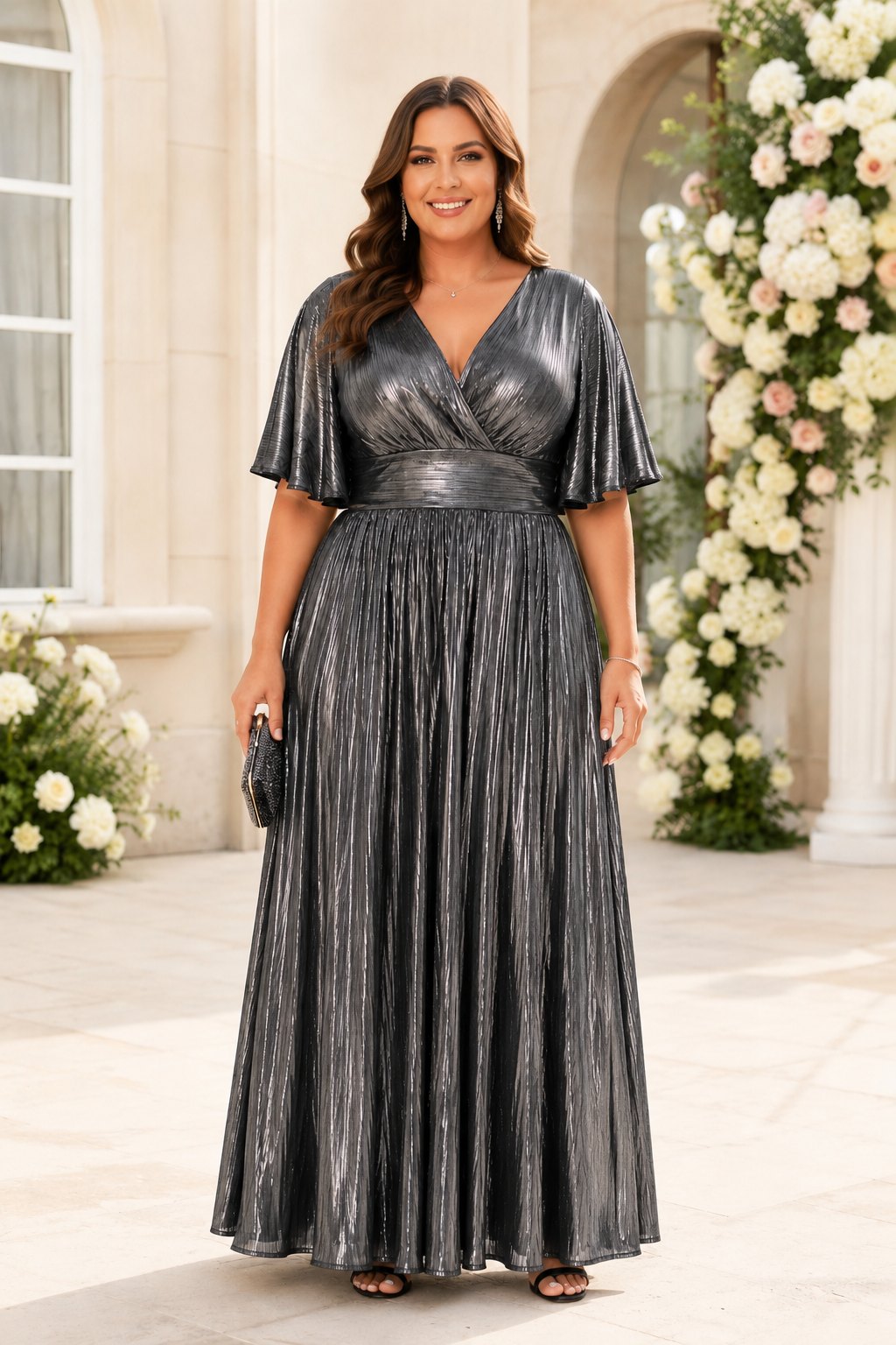 Nyra Plus Size Metallic Pleated Evening Maxi Dress