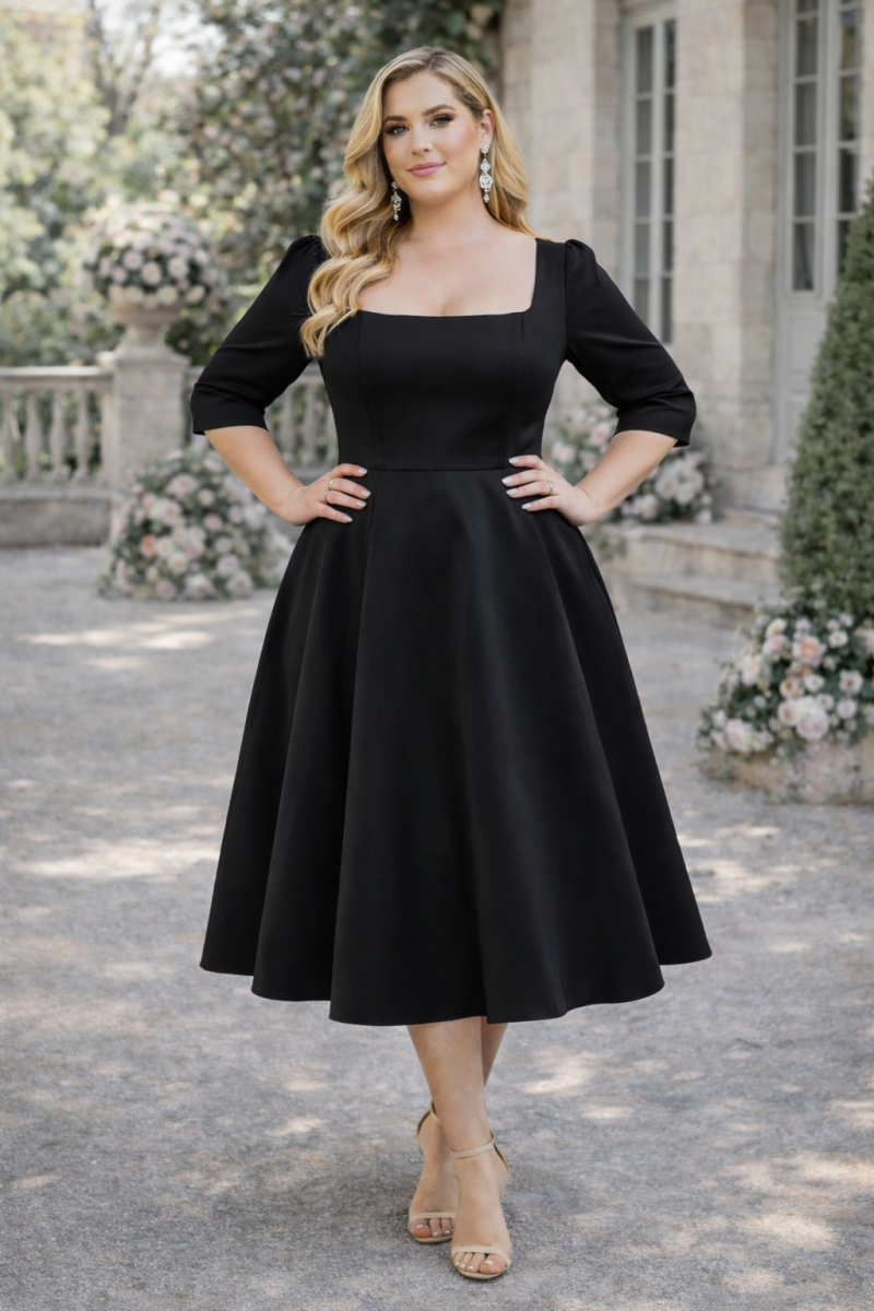 Althea Plus Size Square Neck Satin Semi-Formal Dress