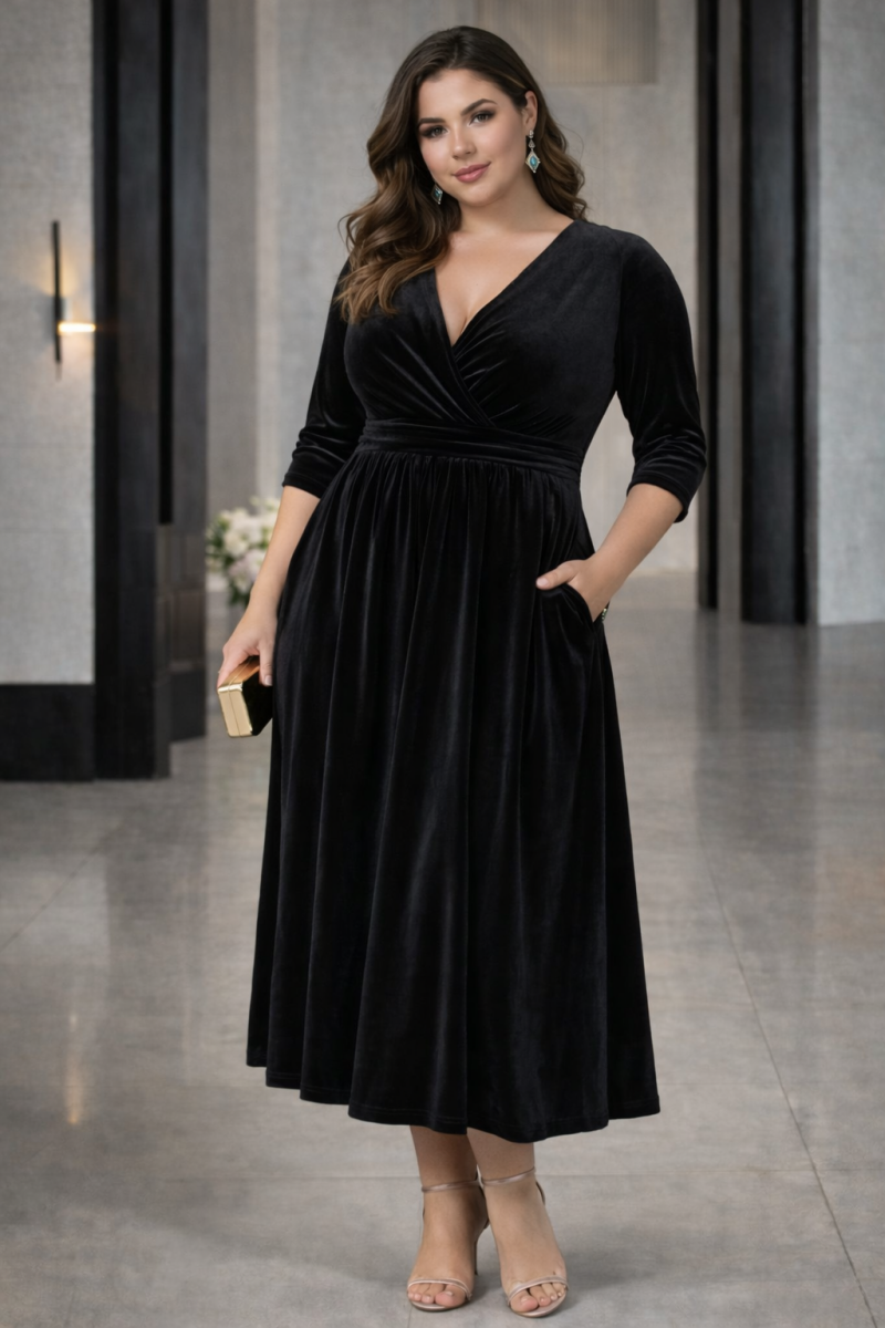 Elaria Plus Size Velvet Wrap Midi Dress