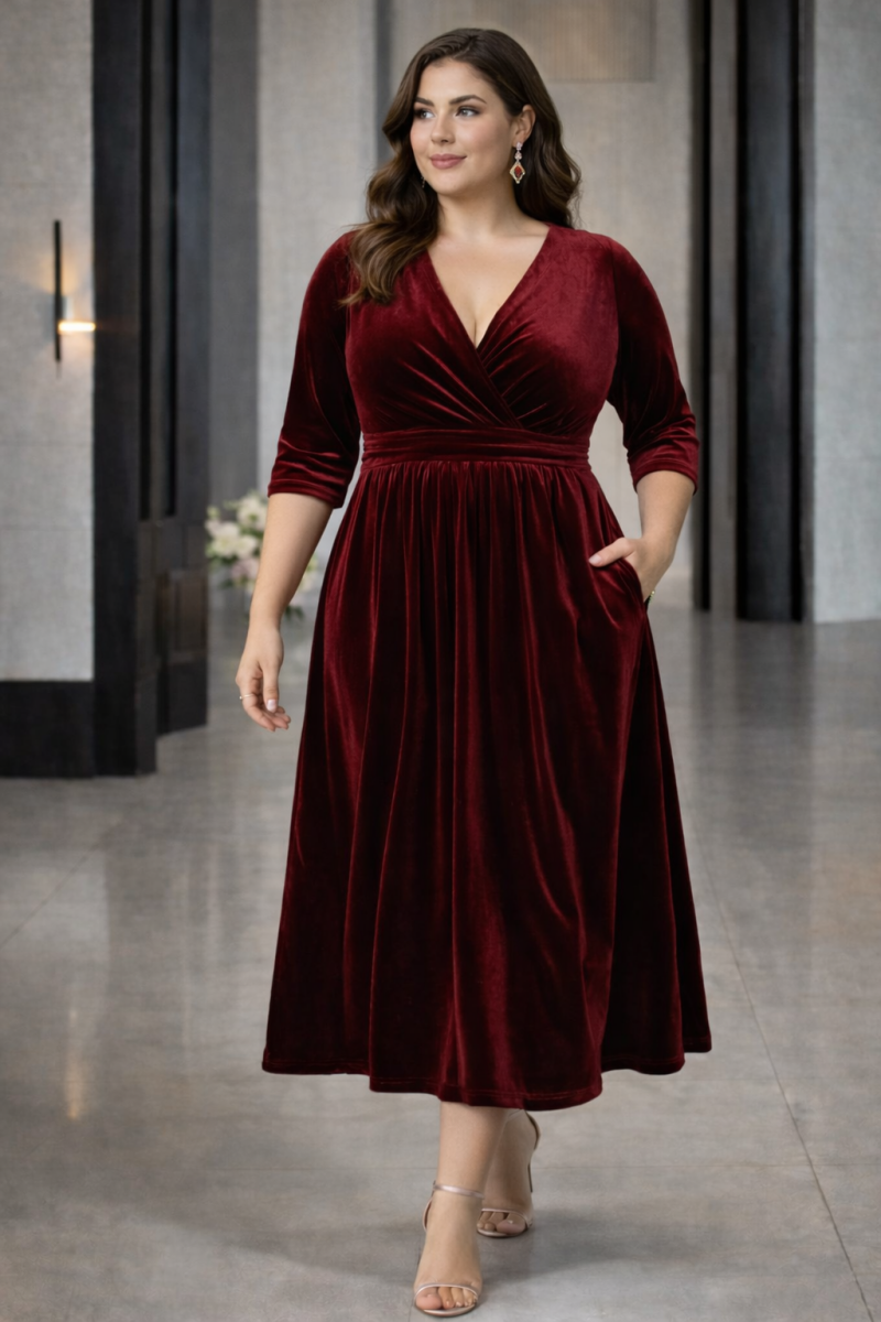 Elaria Plus Size Velvet Wrap Midi Dress