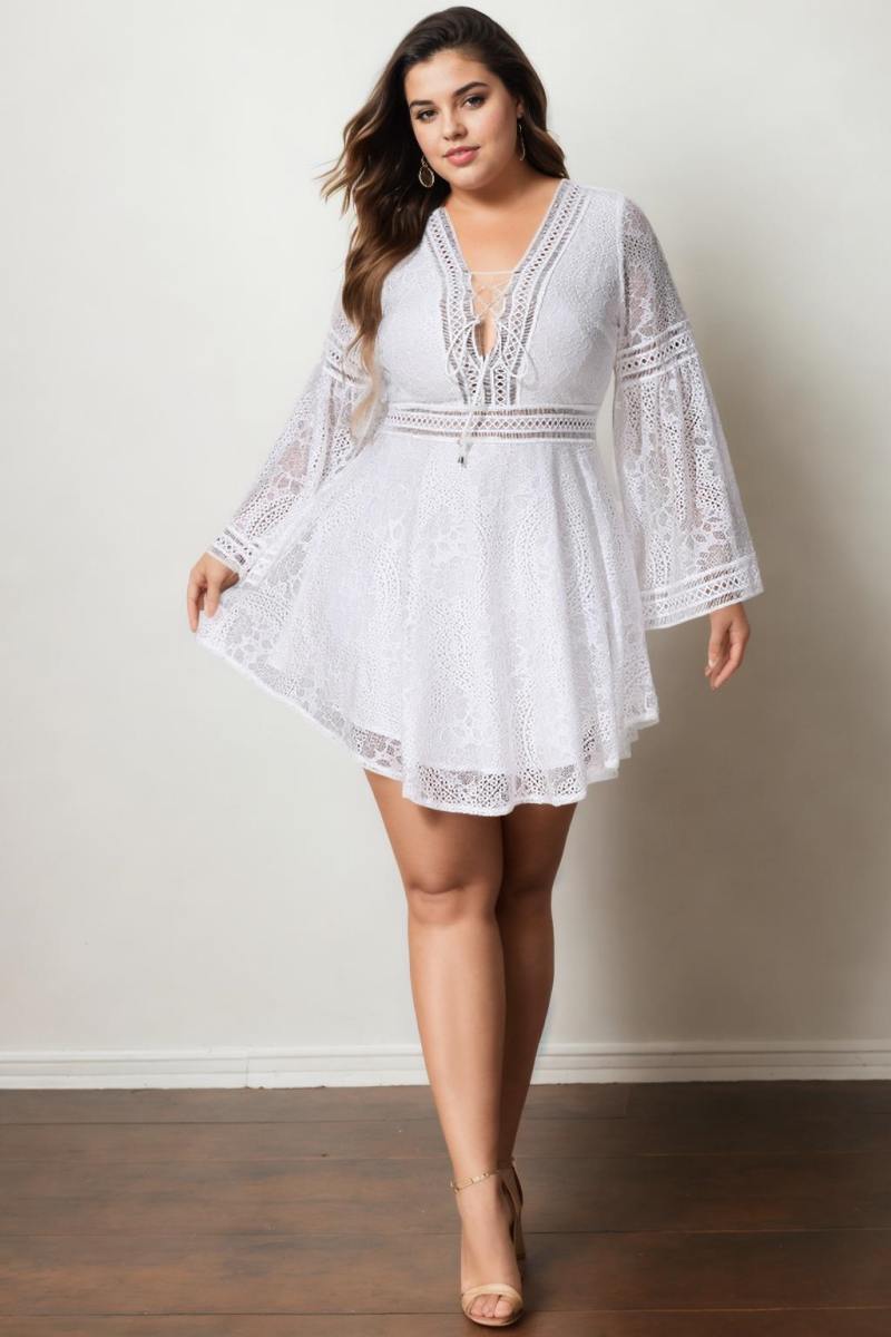 Trisha Plus Size White Bohemian Flare Sleeve Dress