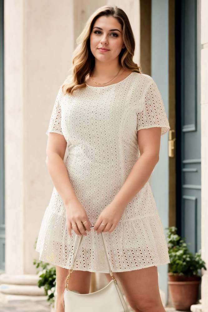 Pauline Plus Size White Cotton Lace Short Sleeve Dress