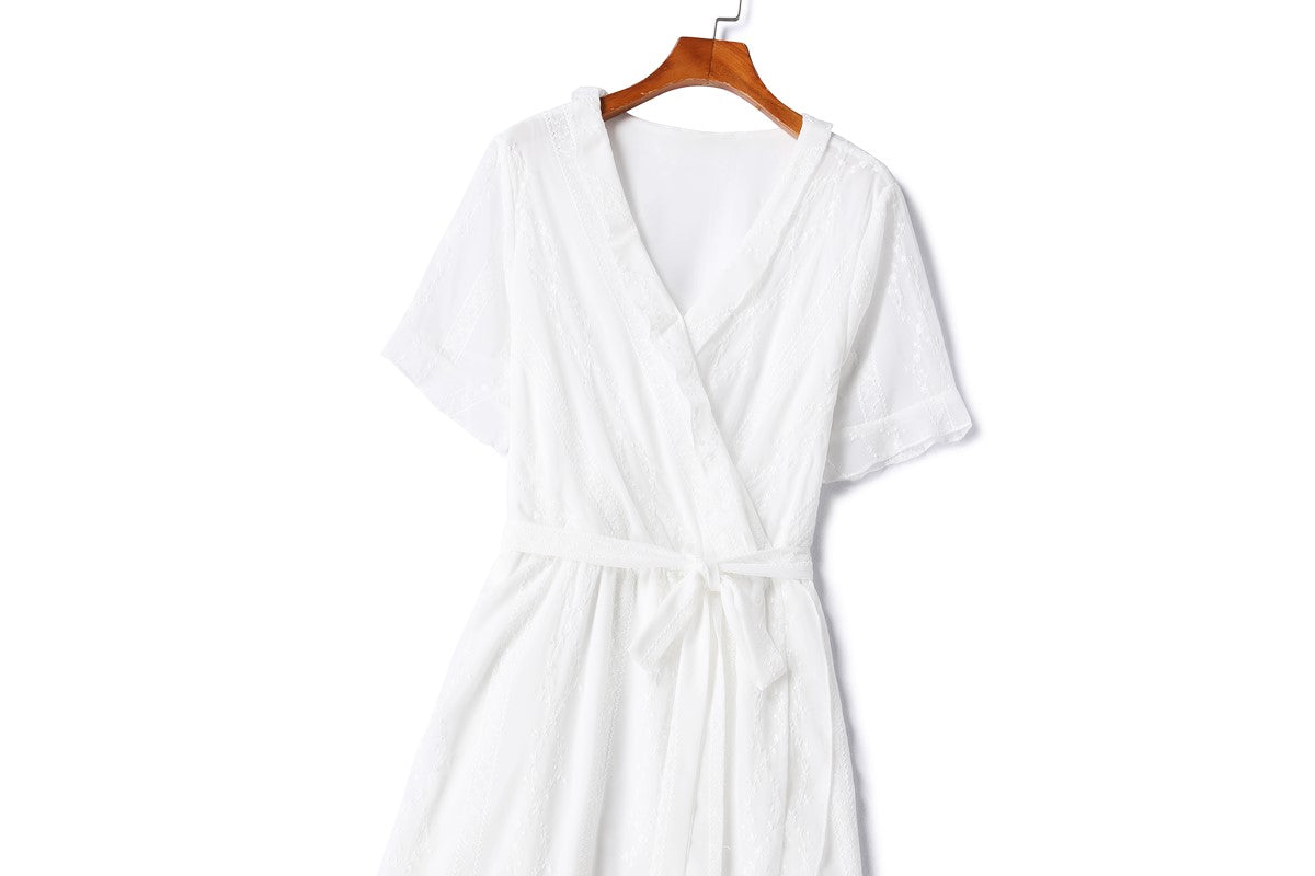 Plus Size White Embroidery Wrap Dress