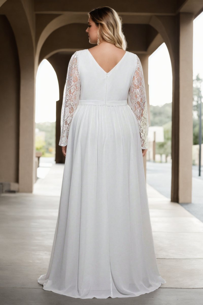 Astrid Plus Size White Empire Waist Long Sleeve Gown