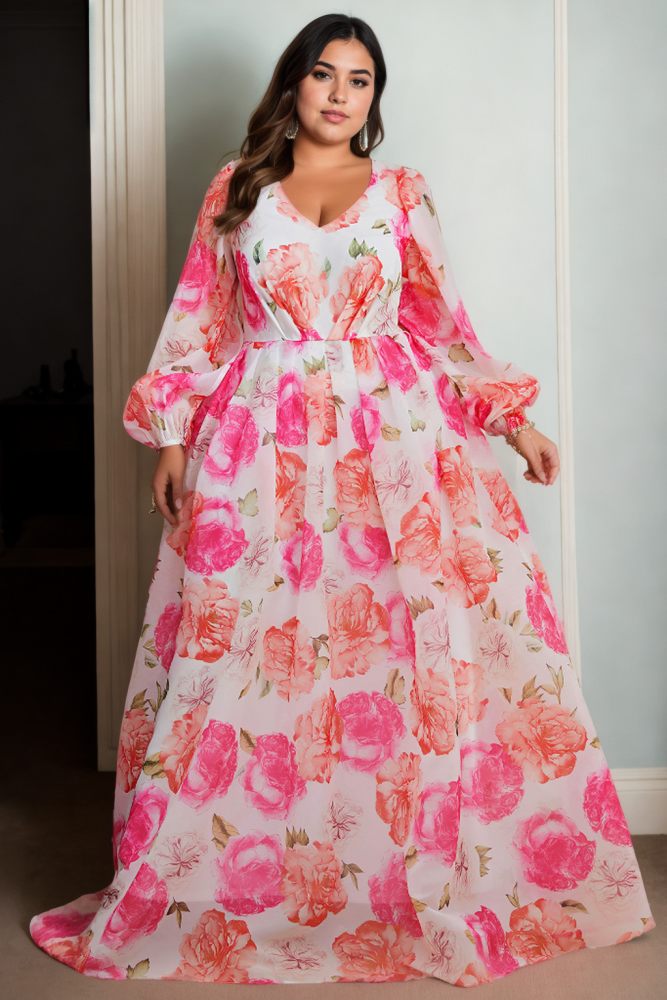 Lyla Plus Size White Floral Long Sleeve Evening Dress
