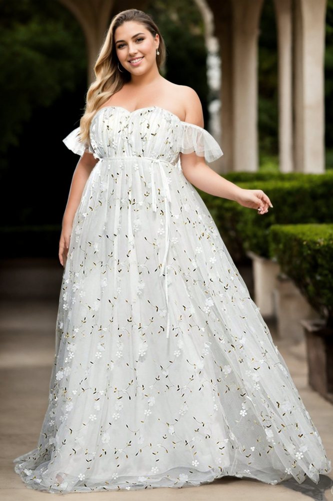 Bellona Plus Size White Floral Off Shoulder Wedding Dress