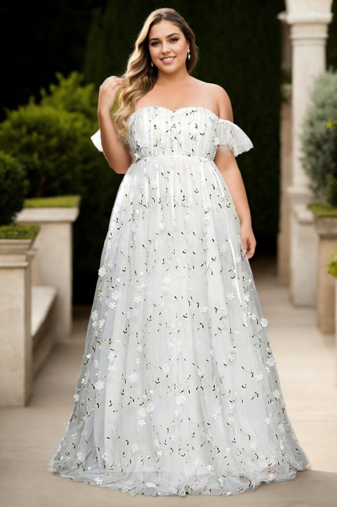 Bellona Plus Size White Floral Off Shoulder Wedding Dress