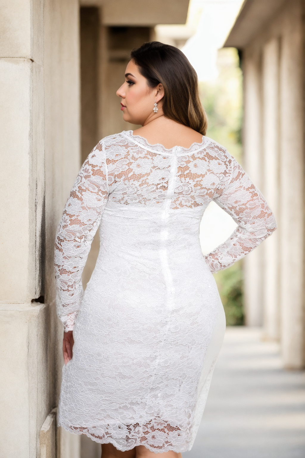 Tena Plus Size White Lace Bodycon Long Sleeve Dress