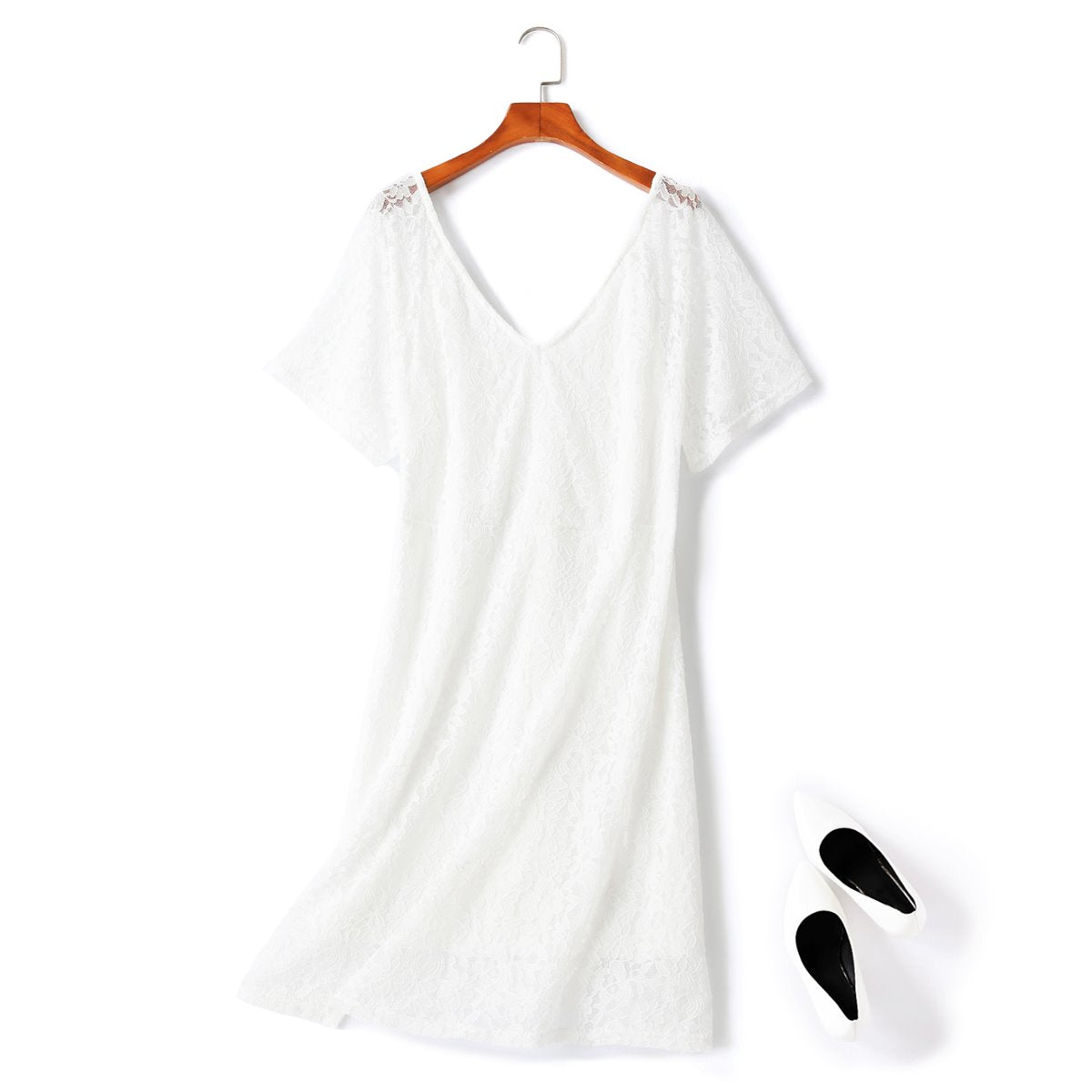 Dahlia Plus Size V Neck White Lace Dress