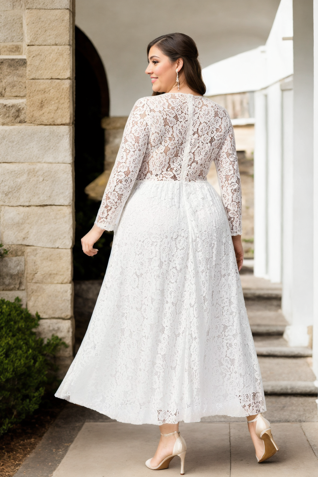 Cailin Plus Size White Lace Long Sleeve Maxi Dress