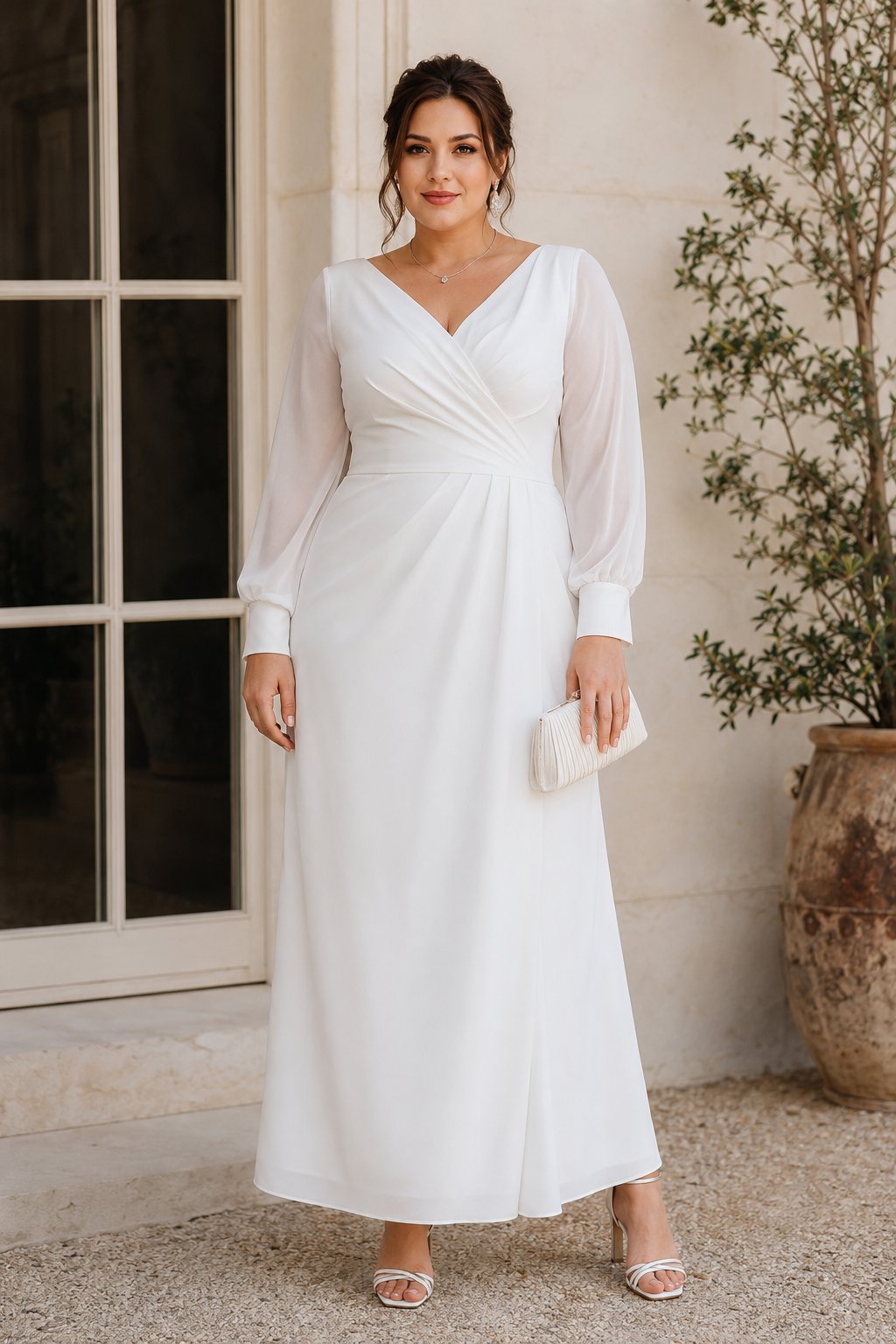 Charlotte Plus Size White Long Sleeve Maxi Dress for Weddings