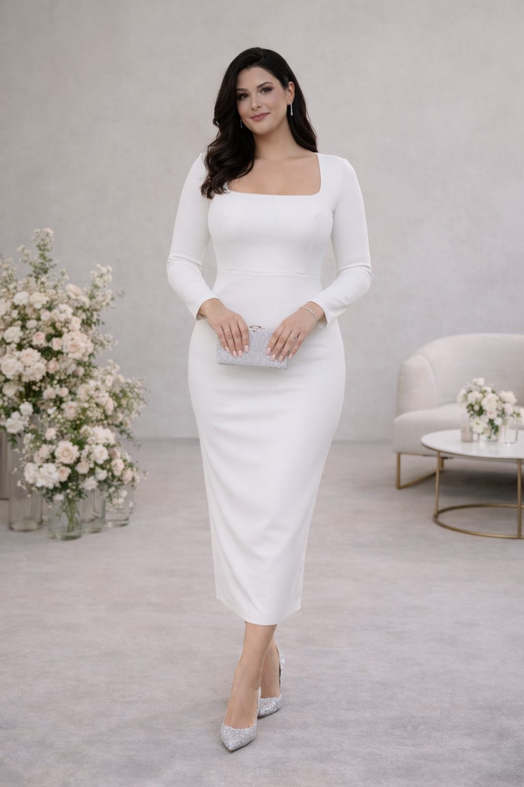 Selene Plus Size White Square Neck Fitted Midi Dress
