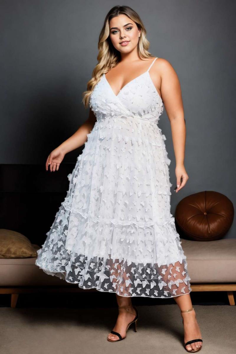 Stella Plus Size V Neck White Midi Dress