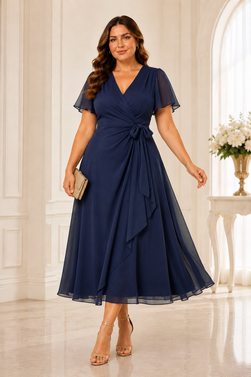 Celine Plus Size Wrap Wedding Guest Short Sleeve Midi Dress