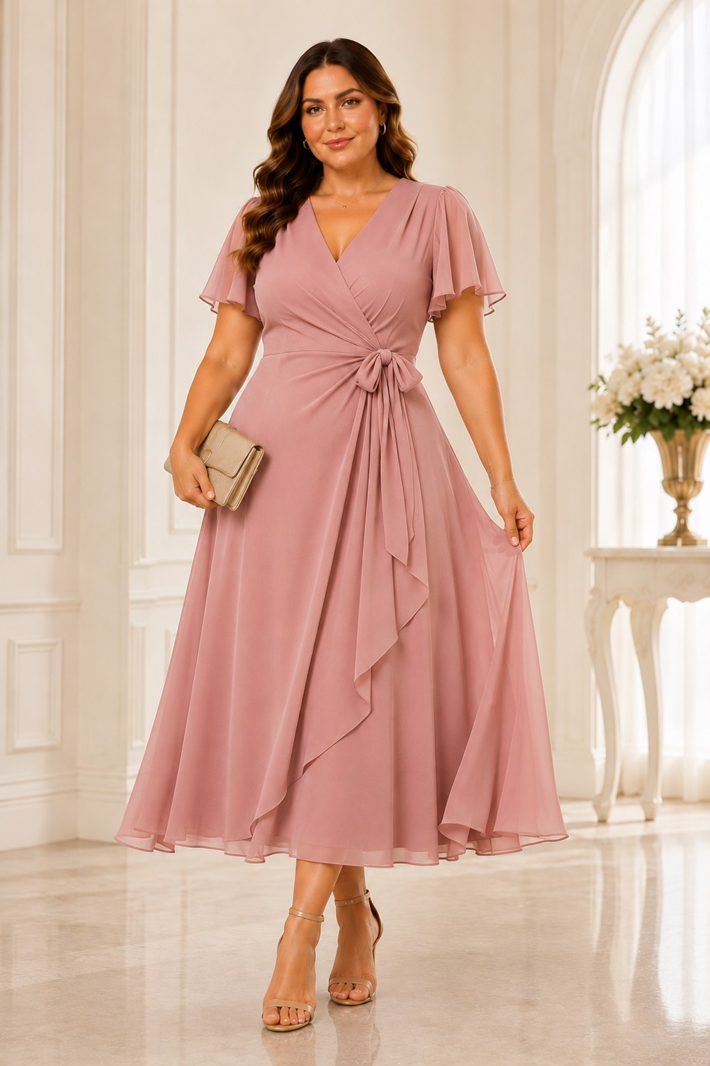 Celine Plus Size Wrap Wedding Guest Short Sleeve Midi Dress