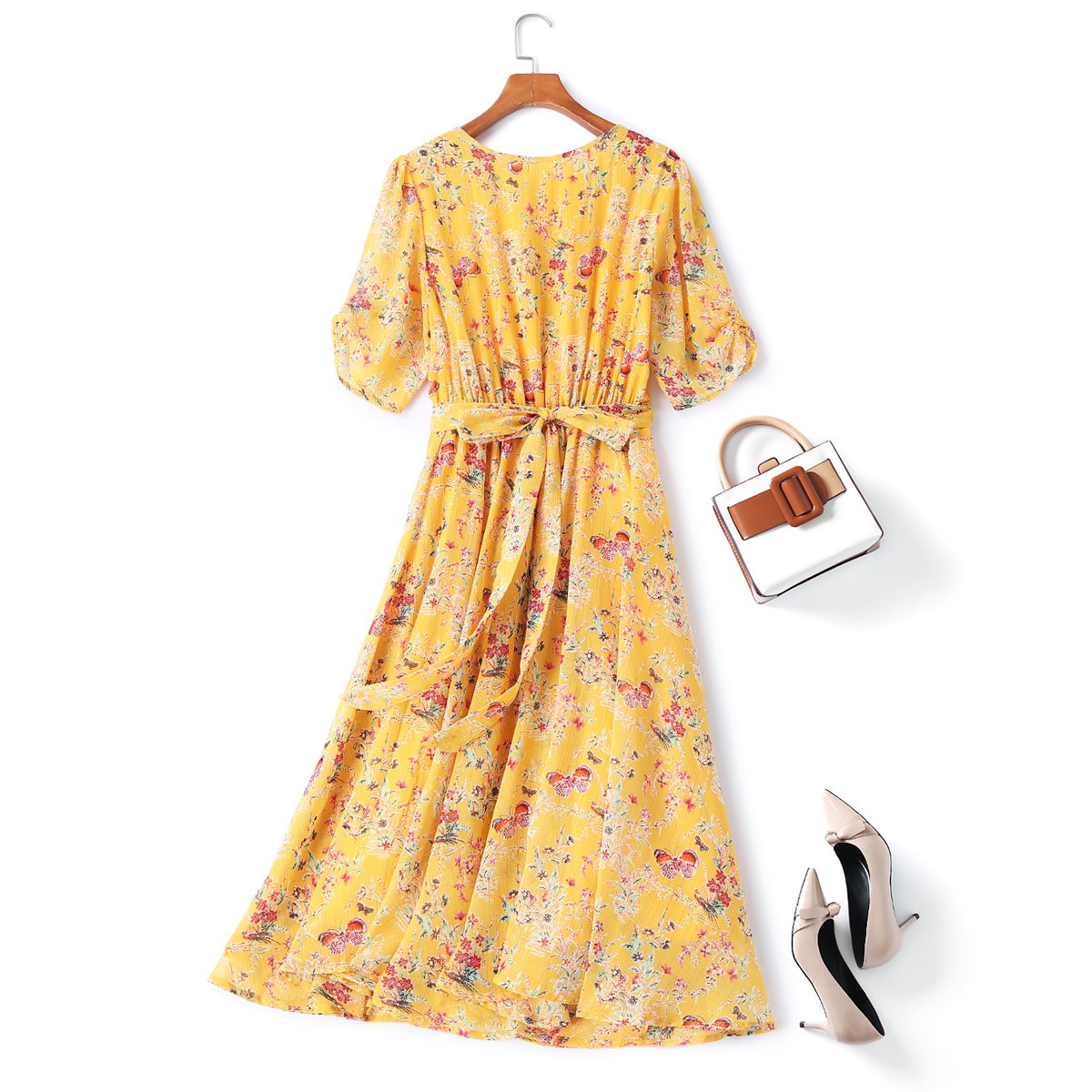 Edith Plus Size Yellow Butterfly Midi Dress