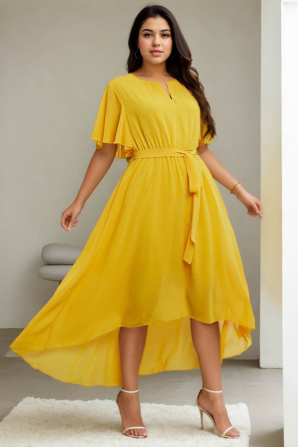 Coralie Plus Size Yellow Chiffon Fishtail Midaxi Dress