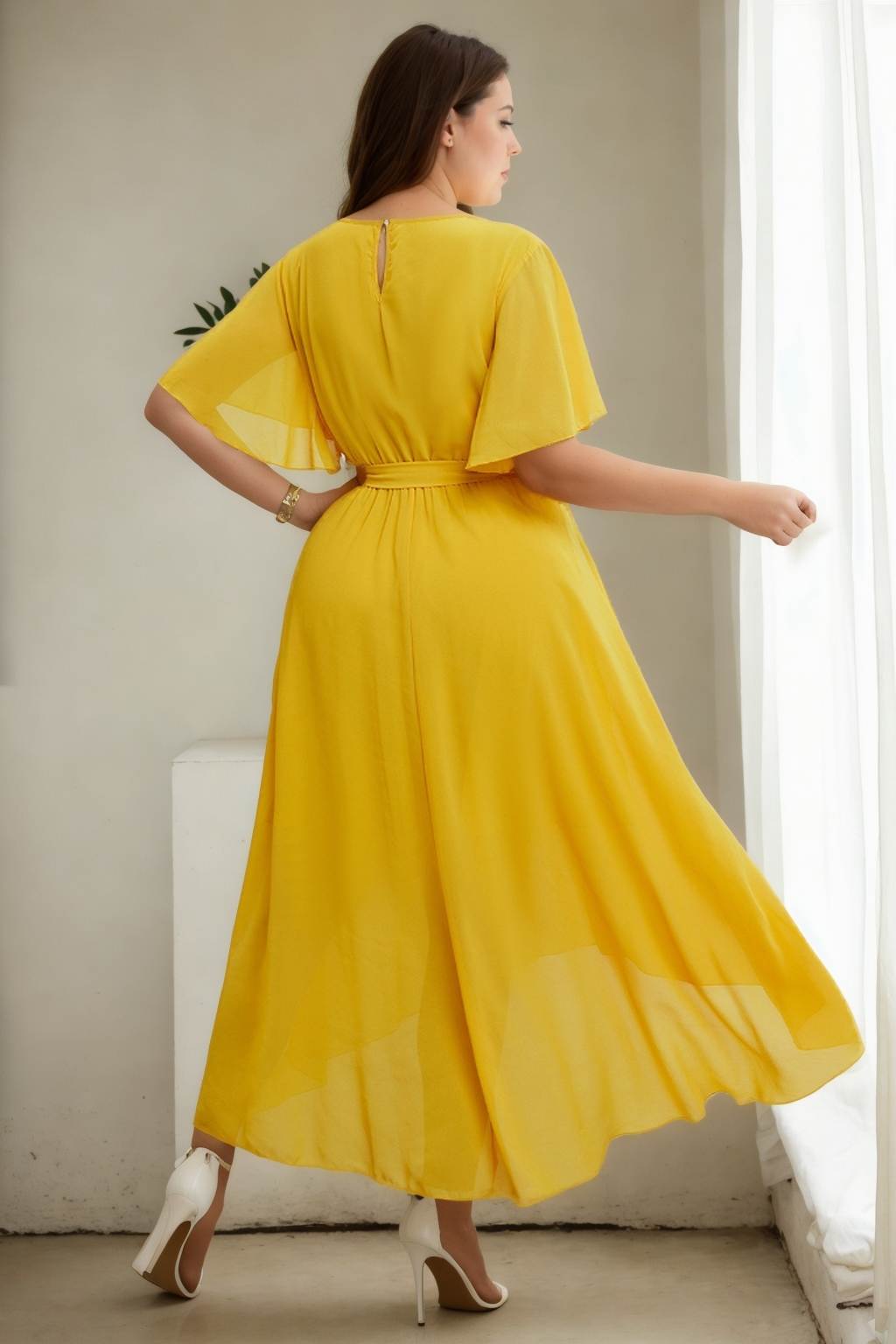 Coralie Plus Size Yellow Chiffon Fishtail Midaxi Dress