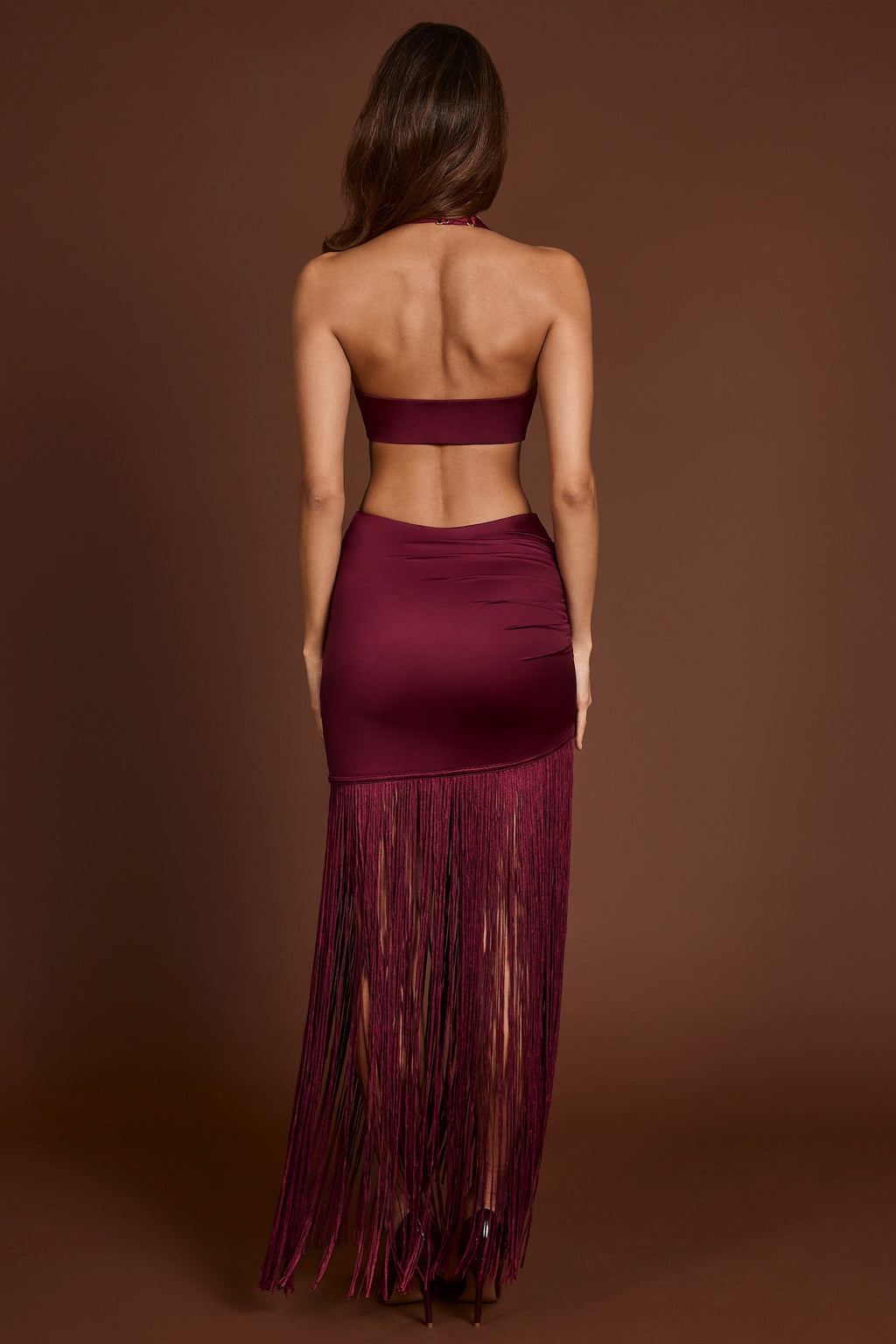 Fringed Plunge-Neck Maxi Dress in Wine Red