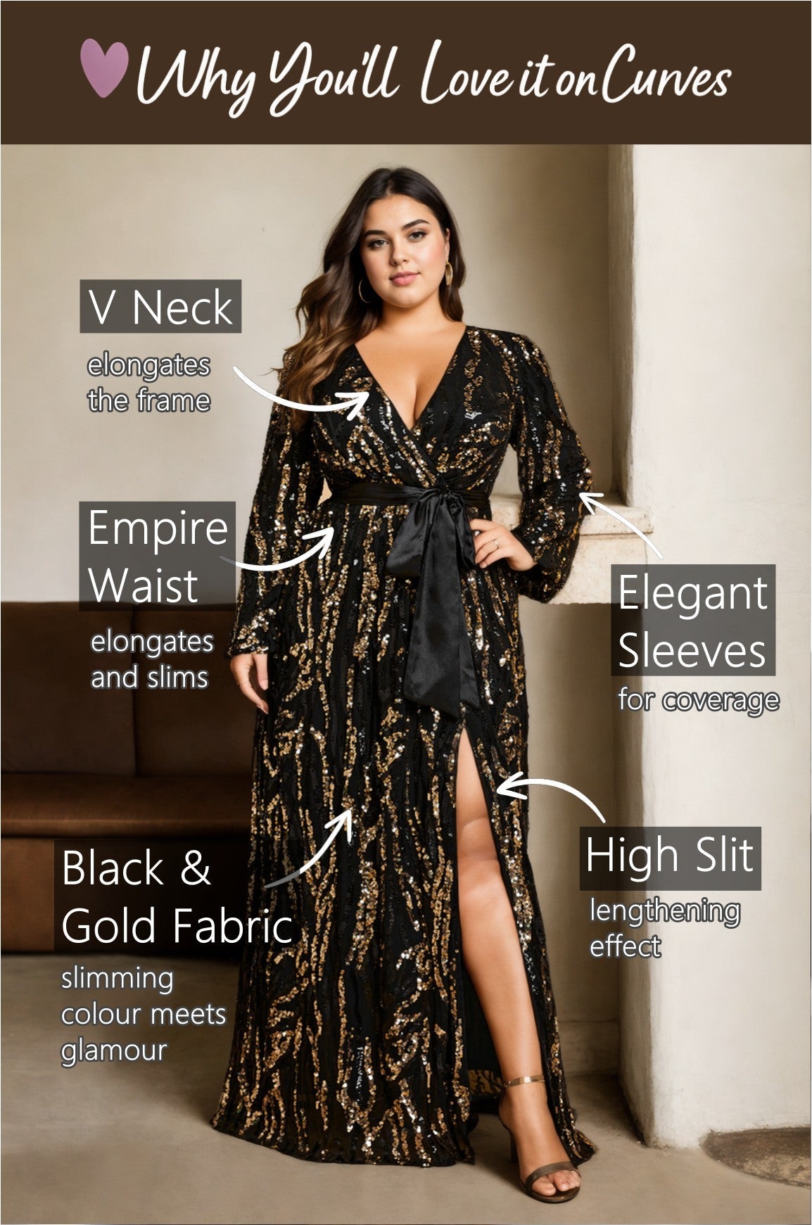 Caroline Plus Size Black Gold Wrap Evening Dress