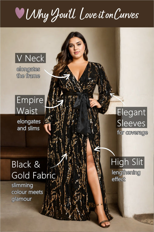 Caroline Plus Size Black Gold Wrap Evening Dress